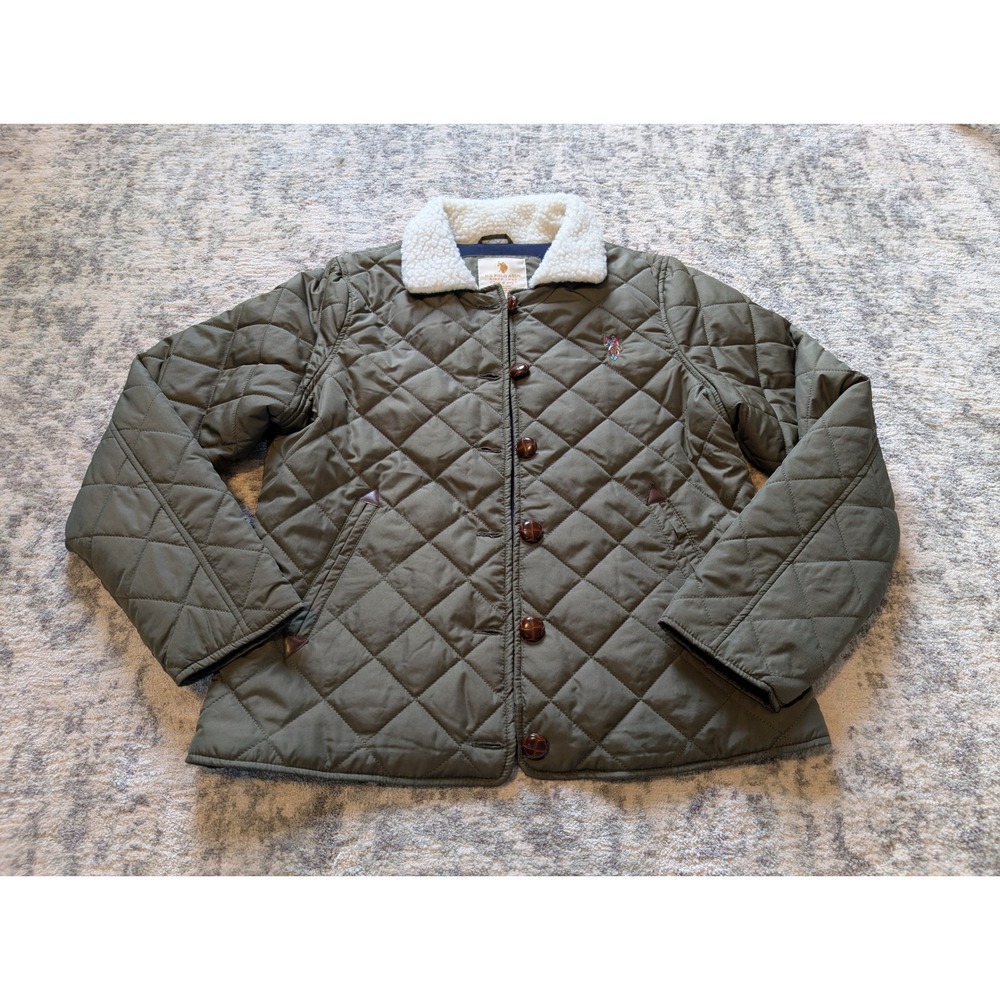 U.S. Polo Assn Olive Quilted Jacket Sherpa Collar Button Front Women's Small